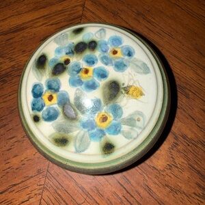 Floral Art Piece pottery trinket box. With Blue and Green Accents
